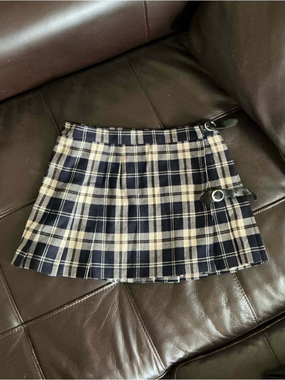 Brandy Melville Navy & Cream Plaid Skirt with Buckle Straps